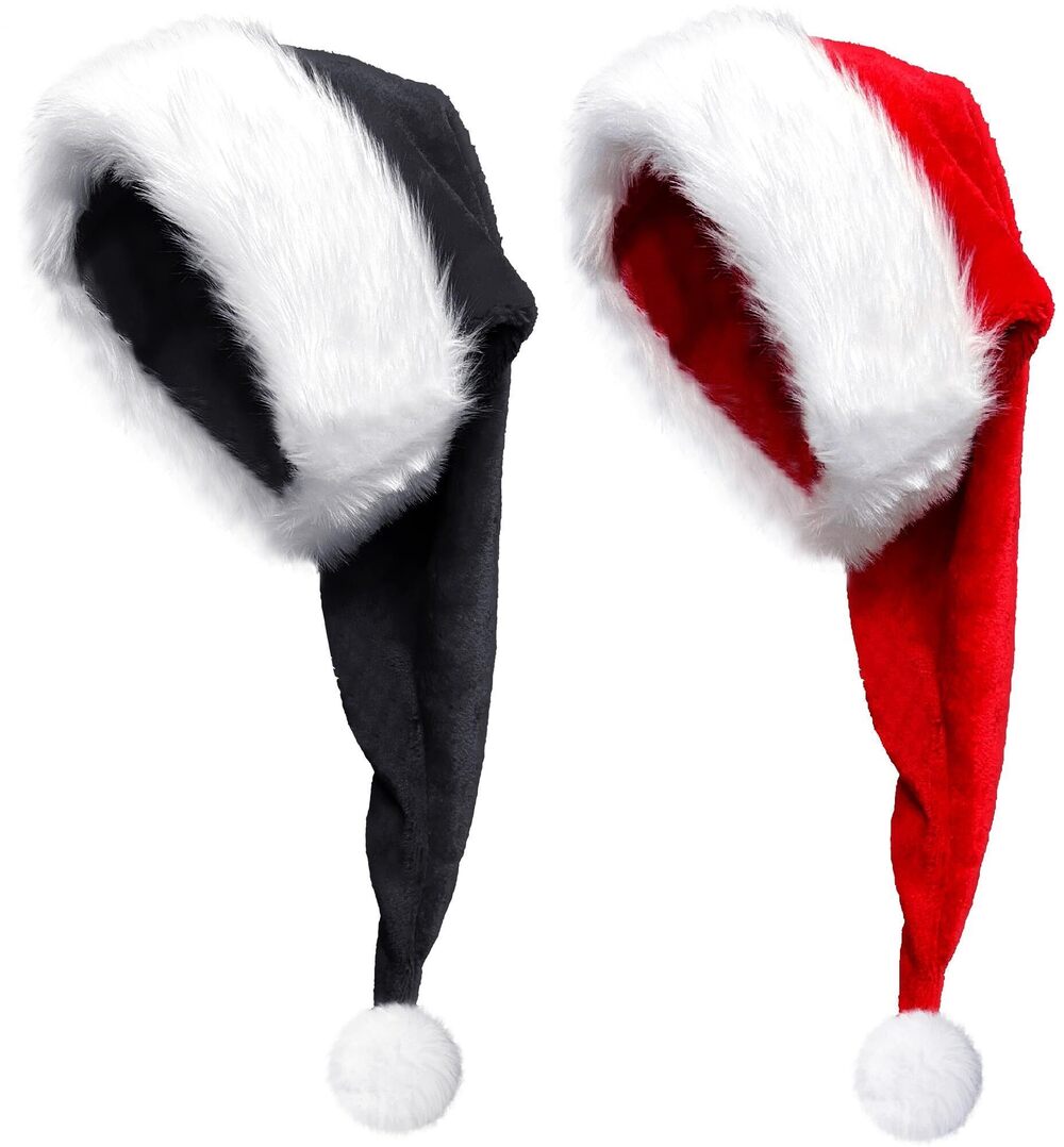 8970 2 Pack Long Red Santa Hat and Black Christmas Hat for Adult Xmas Party